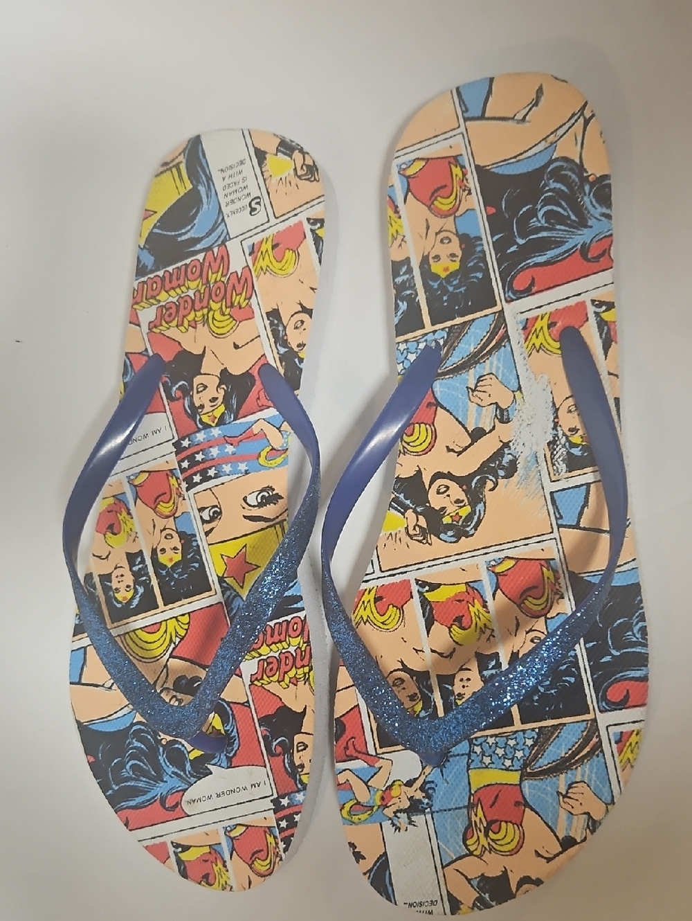 Wonder Woman Comic Print Blue Glitter Flip Flops
